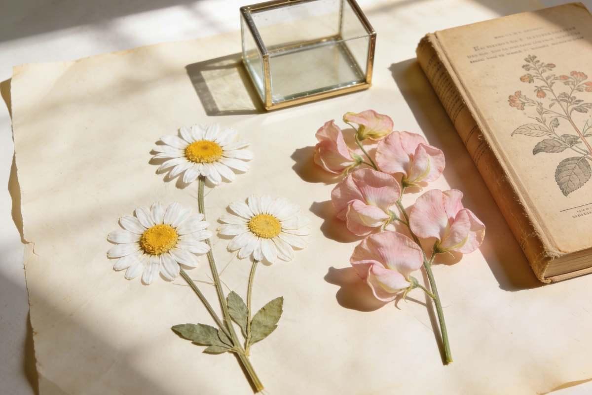 Pressed daisies and sweet peas on cream paper with a vintage botanical book