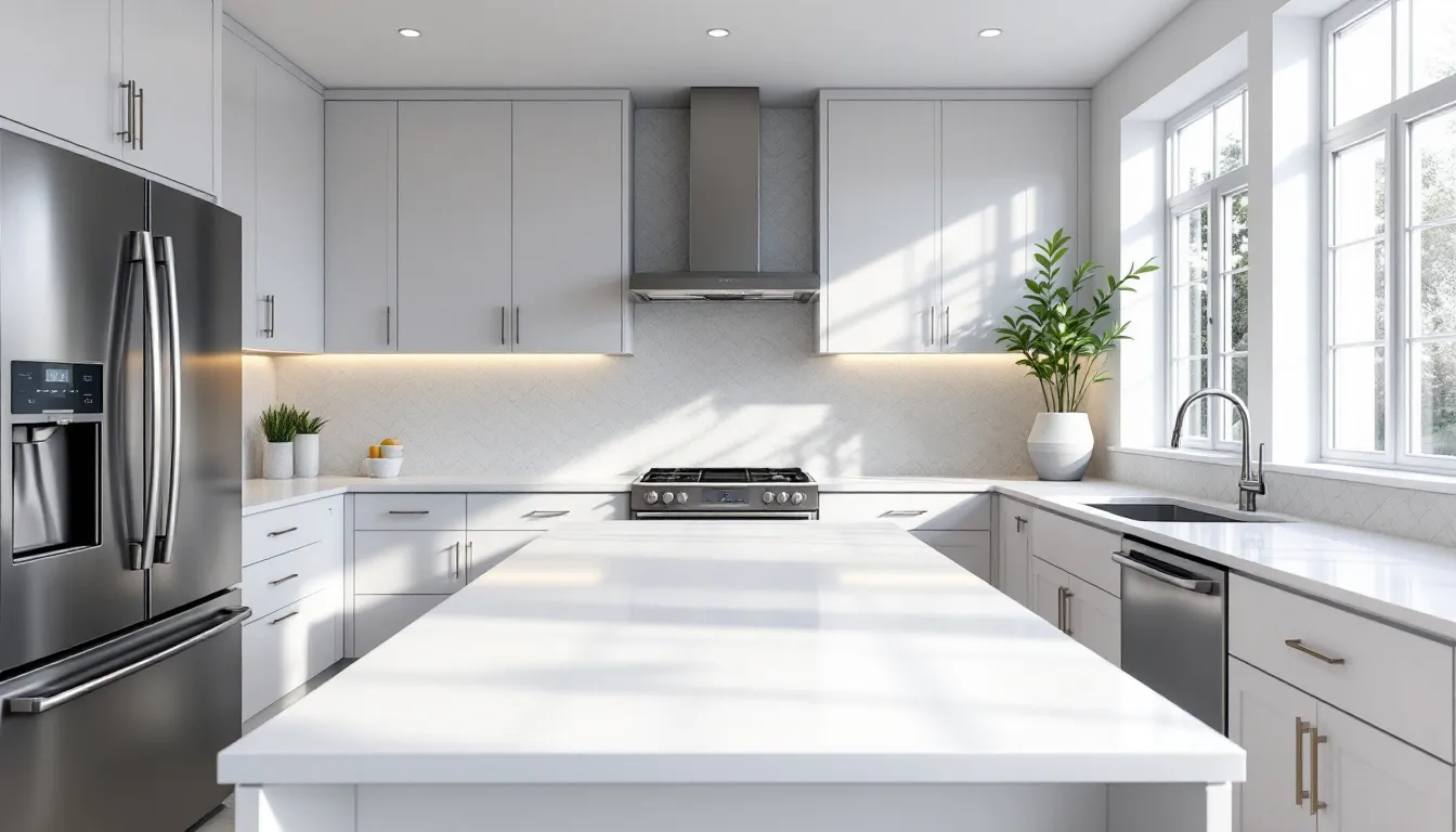 A modern kitchen is depicted, featuring bright lighting, clean countertops, and updated appliances, creating a functional space ideal for meal prep and cooking. The design style emphasizes an inviting atmosphere, making it a dream kitchen for many homeowners looking to remodel their outdated kitchens.