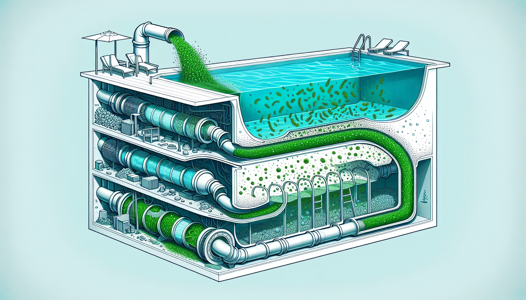 Illustration of pool filtering and backwashing