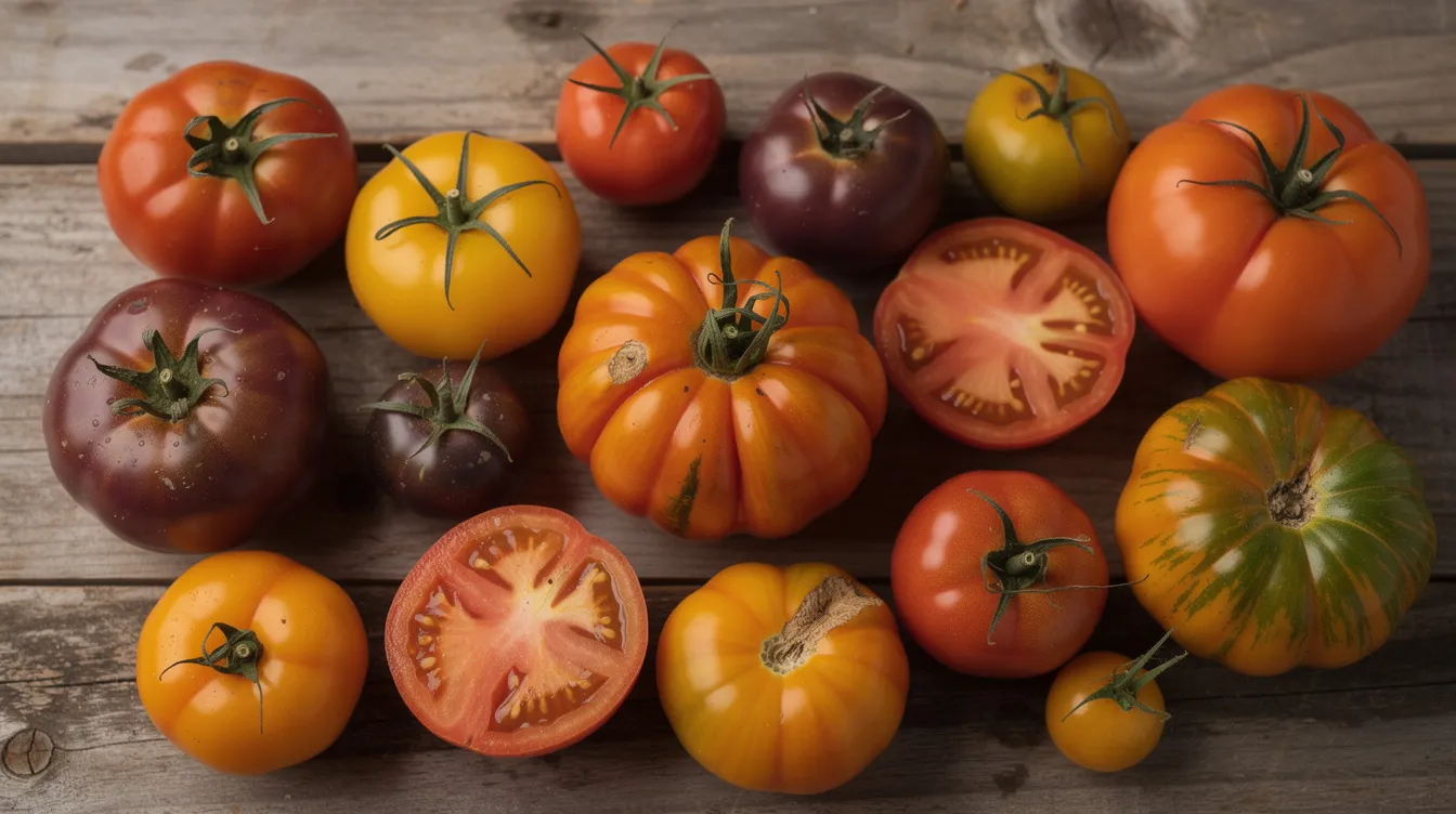 A vibrant assortment of heirloom tomatoes, showcasing various shapes, sizes, and colors, is beautifully arranged on a wooden surface. These heirloom varieties are perfect for seed saving, allowing home gardeners to harvest seeds and grow their own plants with desirable traits.