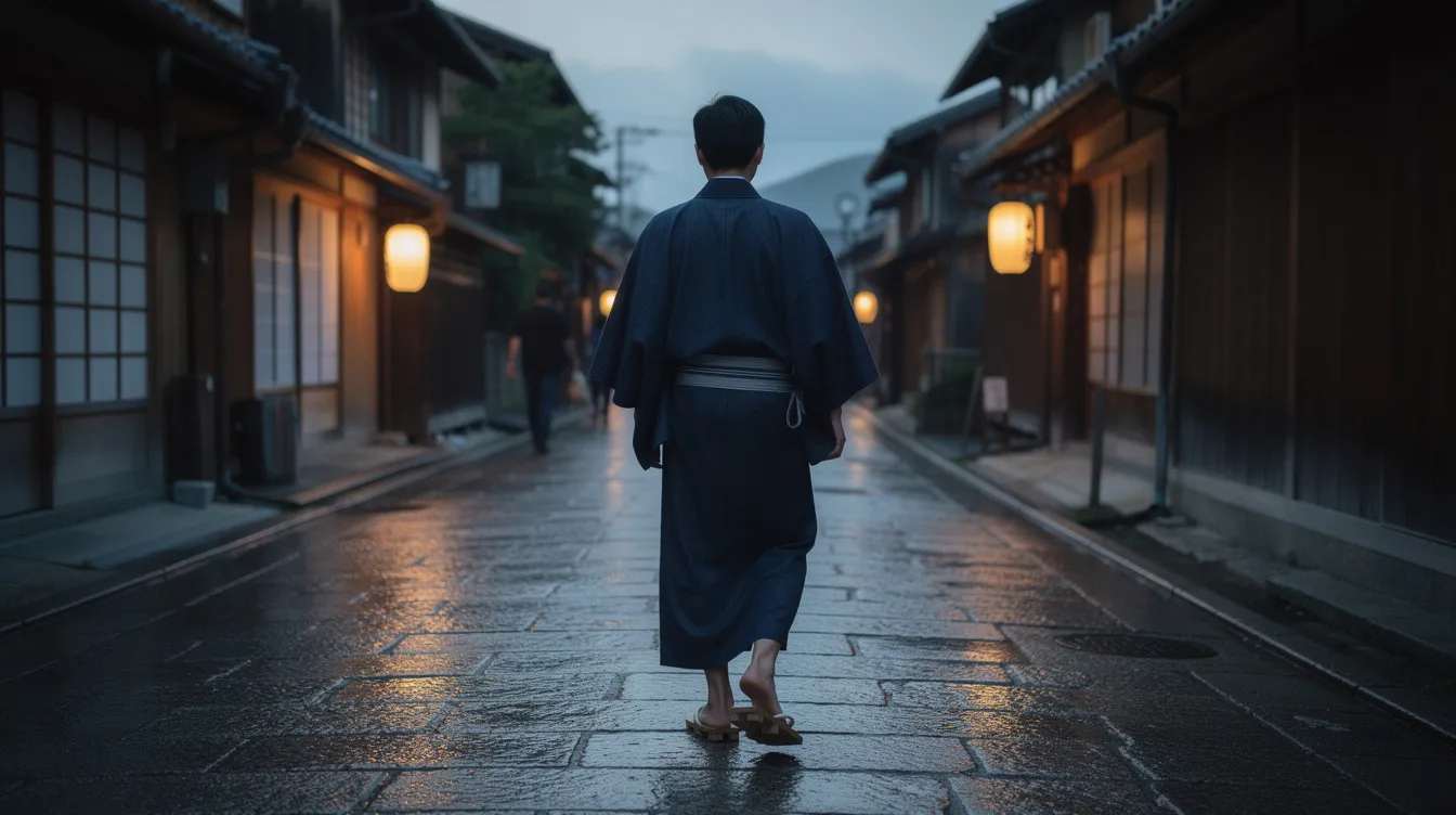 A man is wearing a dark indigo yukata, casually strolling along a stone-paved Japanese street adorned with glowing lanterns at dusk. The lightweight cotton robe features a traditional obi belt tied at his waist, creating a comfortable and stylish yukata experience.