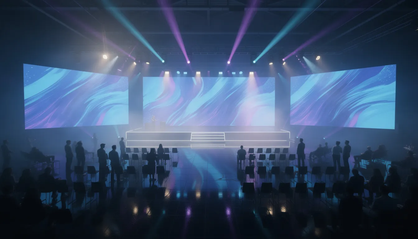 The image depicts a transformed event space illuminated by dramatic blue and purple lighting, featuring LED screens that enhance the immersive experience. In the foreground, an audience is silhouetted against the vibrant glow, creating a captivating atmosphere reminiscent of a virtual world or immersive environment.