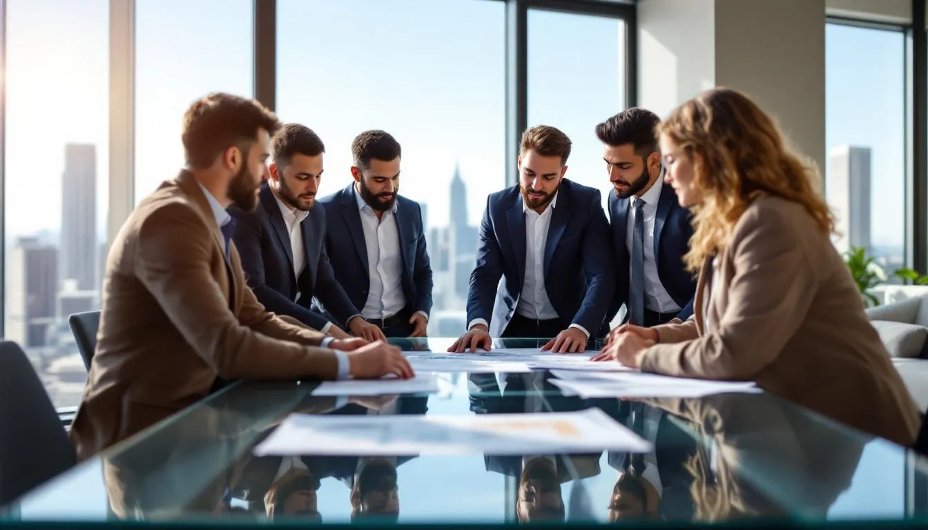 In a modern office setting, a diverse group of architects collaborates on an international project, discussing sustainable design and innovative architectural styles. The atmosphere is dynamic, reflecting the creativity and practical experience necessary for successful architectural firms in today's growing infrastructure.