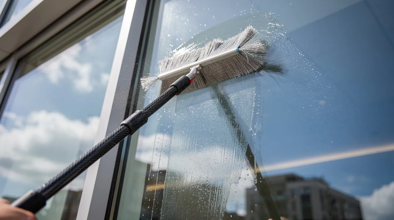 The image shows a tucker pole being used for window cleaning, with no person visible. This professional window cleaning service tool is designed to safely clean exterior windows, ensuring they are crystal clear and free of dirt and grime.