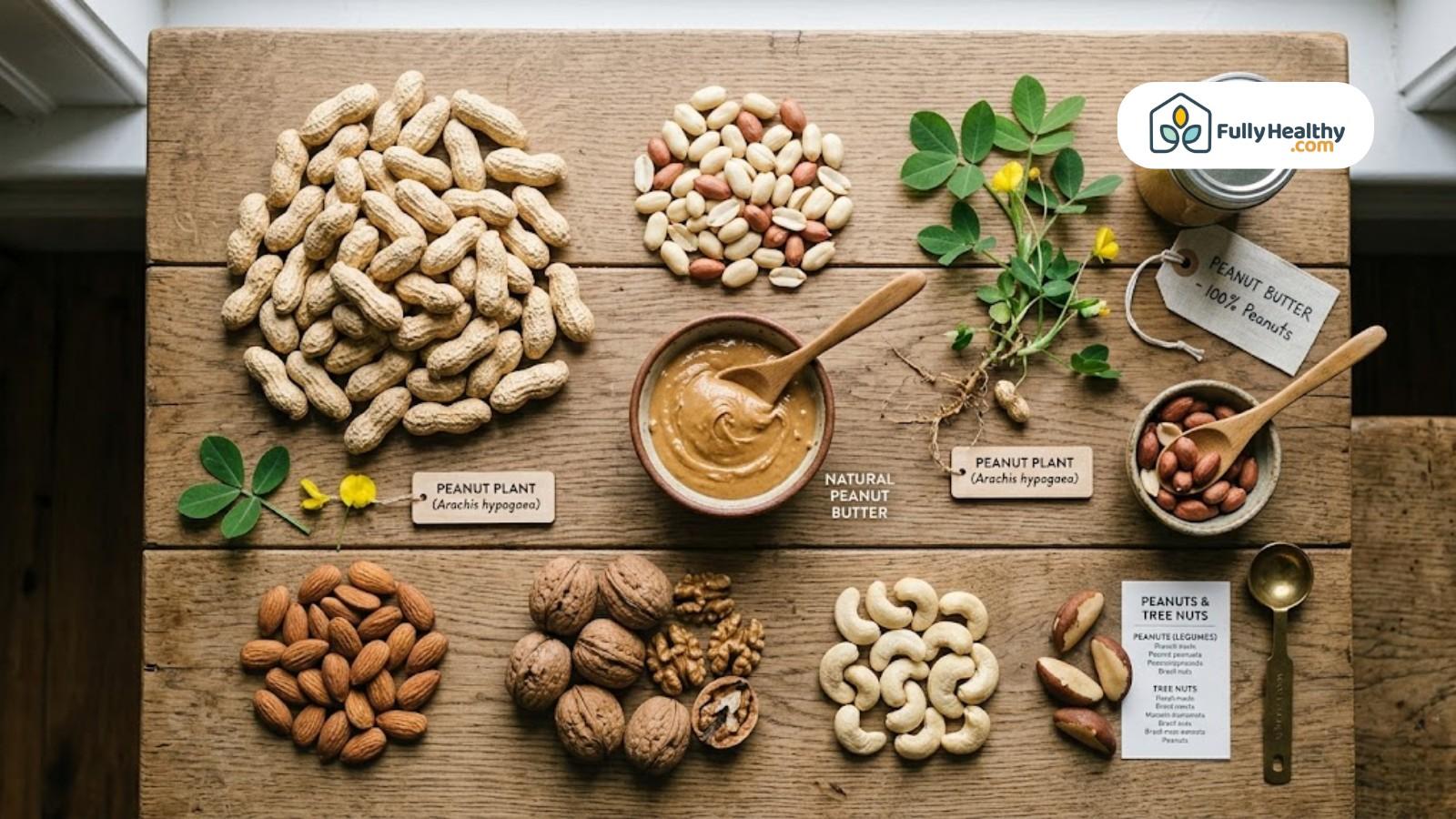 Peanuts, peanut butter, and tree nuts displayed with labeled educational comparison