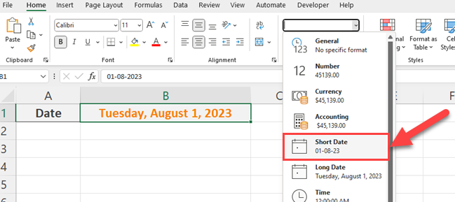 Choose "Short Date" from the drop down menu