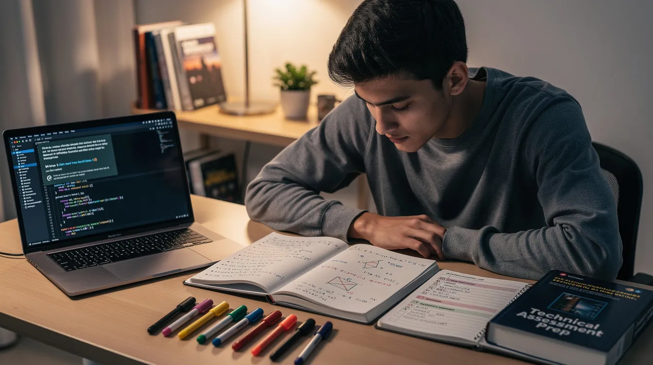 A person is focused on studying at a desk cluttered with notebooks and a laptop, preparing for a cybersecurity technical assessment. They are likely reviewing concepts related to vulnerability management, incident response, and security tools to enhance their understanding of real-world scenarios in the field.