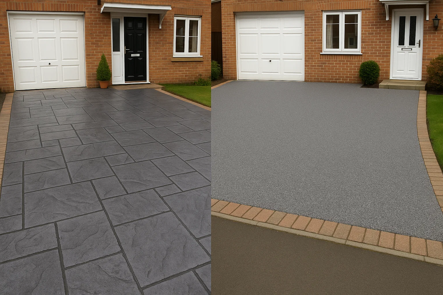 Comparison of imprinted concrete and resin bound driveways showing different styles.