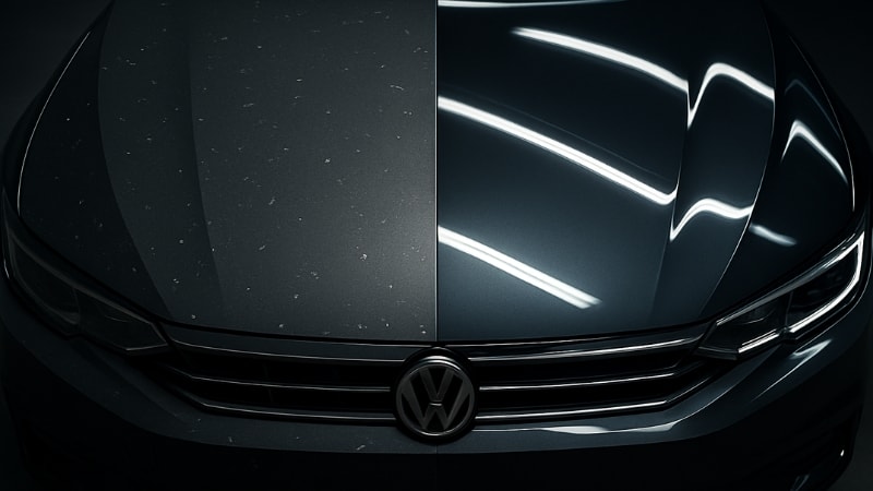 Half of the car hood is scratched while the other half is protected by clear bra