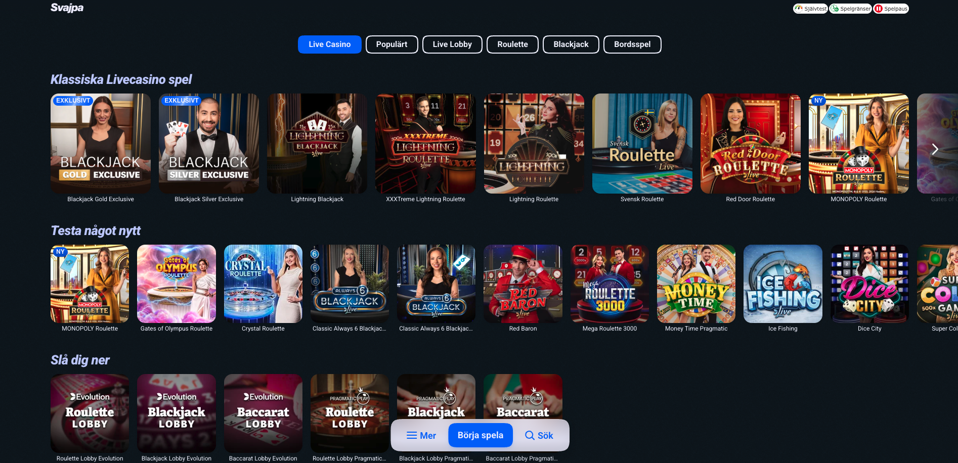 Live casino hos Svajpa Casino med blackjack, roulette och andra livespel från ledande spelutvecklare.