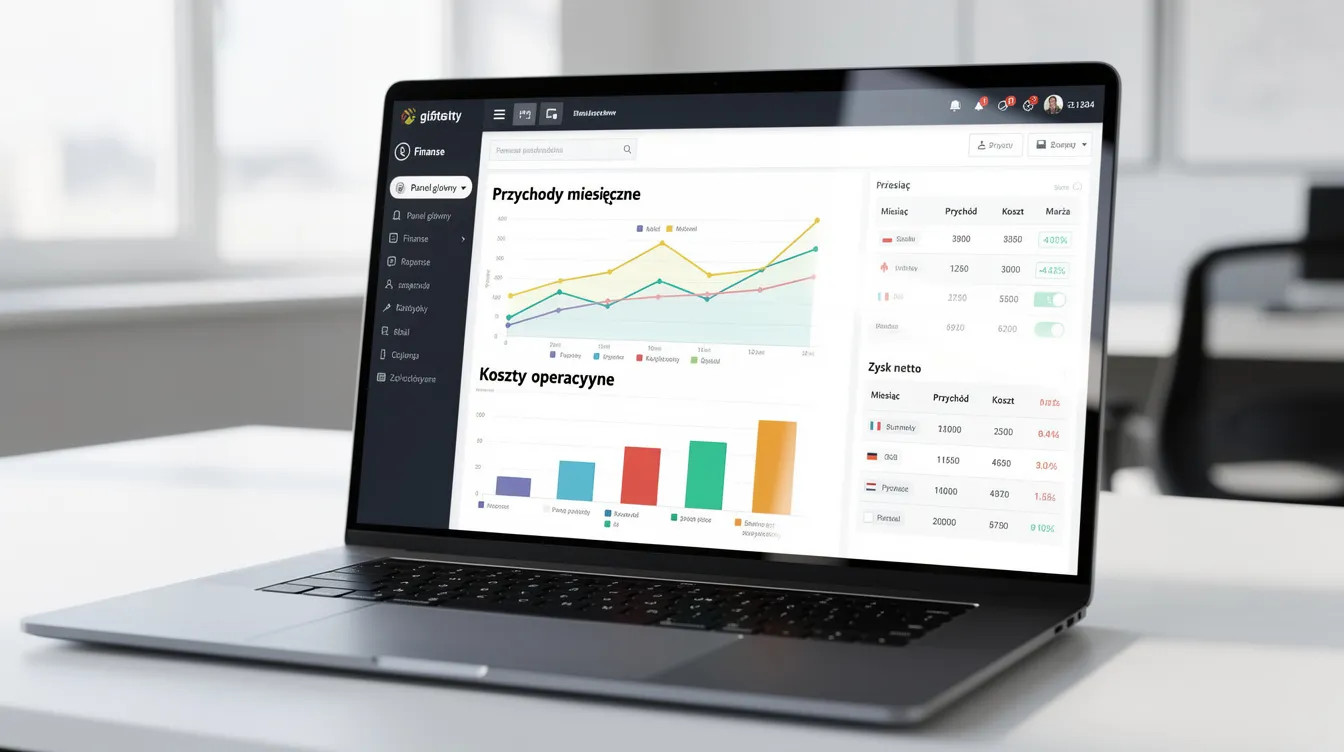 2253515e 535f 4bfa a496 6d972175acbb Na ekranie laptopa widoczny jest dashboard finansowy, który prezentuje różnorodne wykresy i tabele z wynikami firmy, ilustrującymi przychody, koszty działalności oraz obliczenia podatku dochodowego. Wykresy ukazują zysk netto oraz efektywność operacyjną firmy w danym okresie rozliczeniowym.
