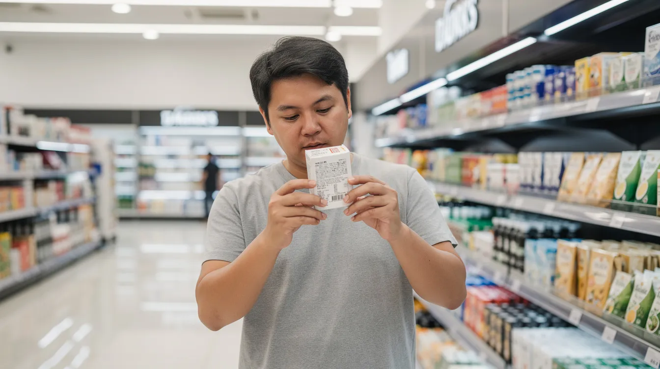 A person is closely examining a product label in a bright retail store, likely checking for information on hemp derived products and their legal status in New Jersey. This careful inspection suggests a focus on ensuring consumer safety and compliance with state and federal regulations regarding medical and recreational use of cannabis.