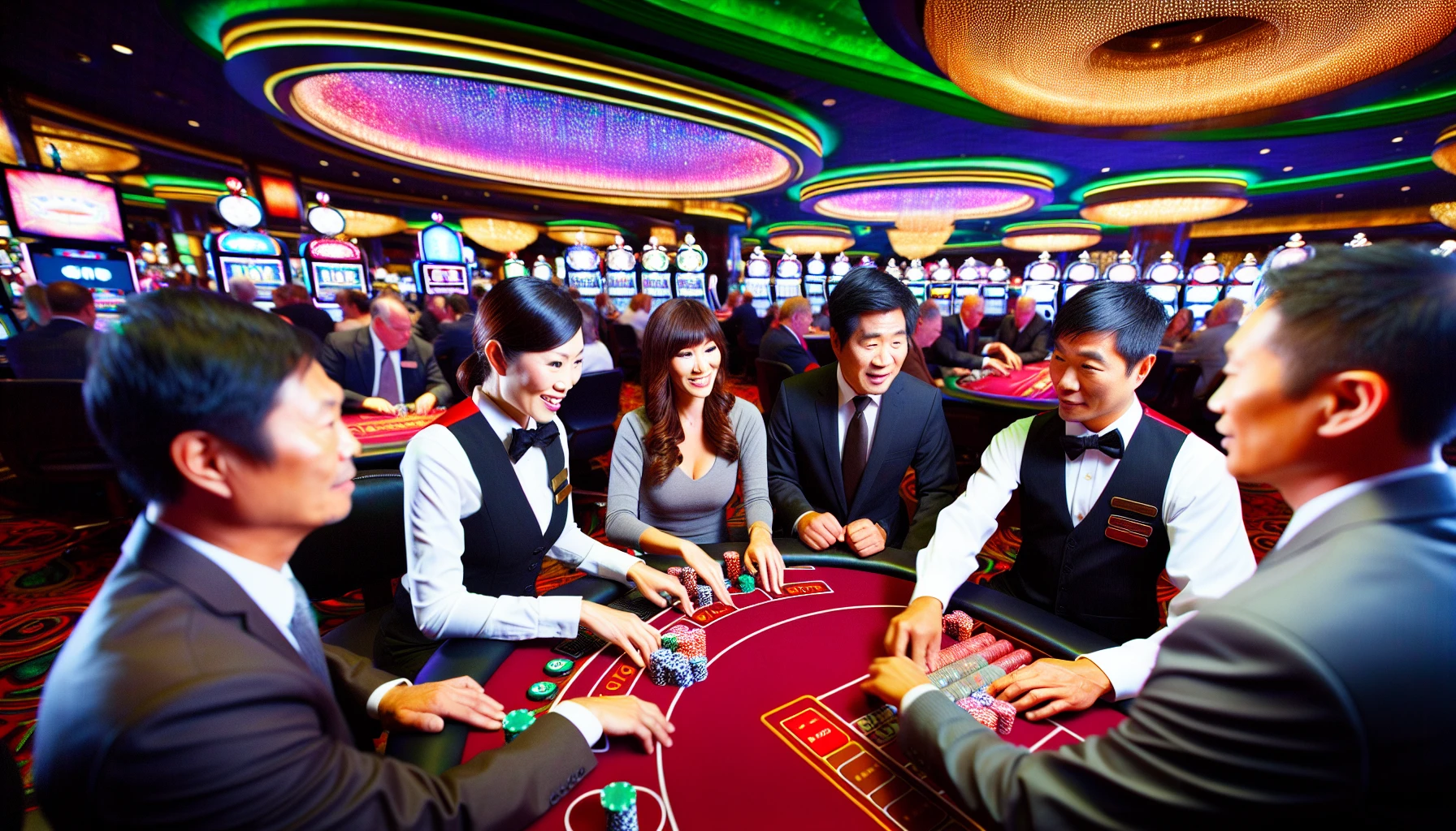 A diverse group of casino dealers at a gaming table