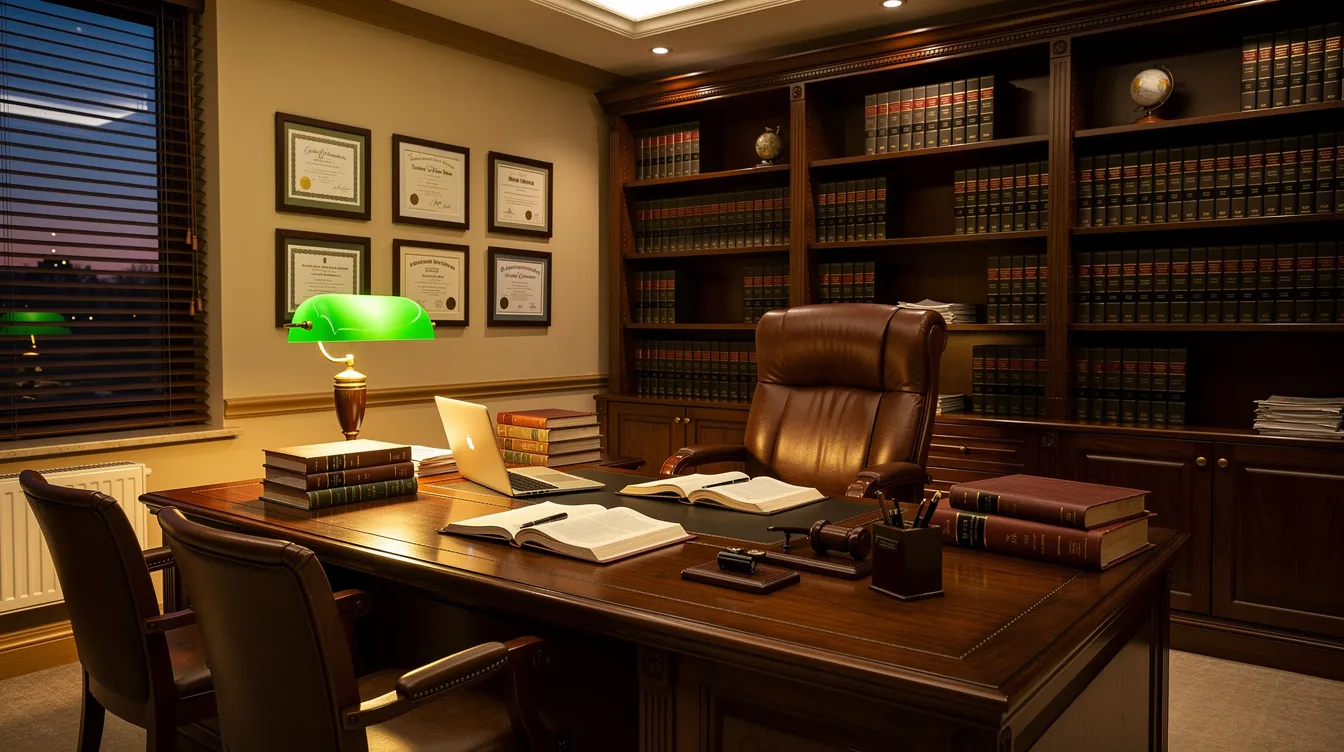 The image depicts a professional legal office illuminated by warm lighting, featuring a neatly organized desk with various legal documents, reflecting the serious nature of personal injury and wrongful death cases under Colorado law. The environment suggests a space where attorneys prepare to assist clients with claims related to auto insurance policies and bodily injury resulting from accidents.