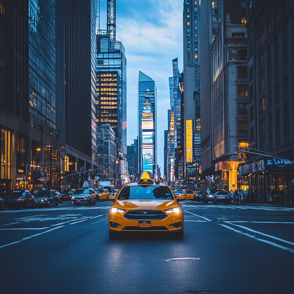 A yellow cab driving through NYC, showcasing the taxi fare structure.
