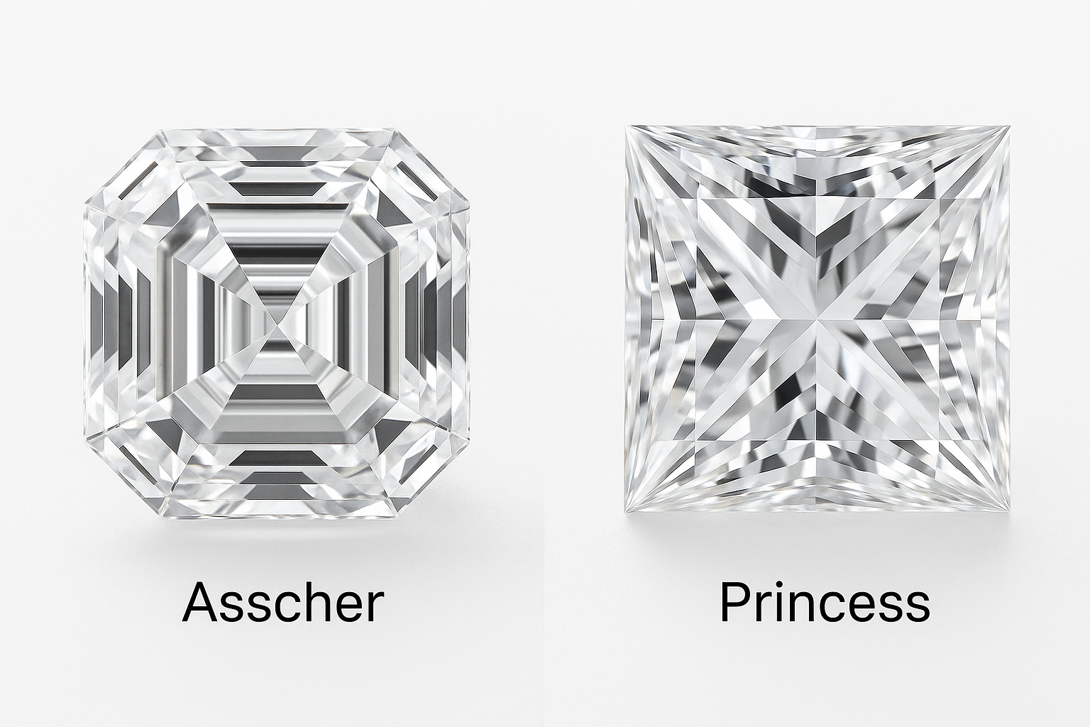 Šalia pateiktas Asscher formos ir Princess formos deimantų palyginimas, aiškiai matomi pjūvio ir briaunų skirtumai ant balto fono