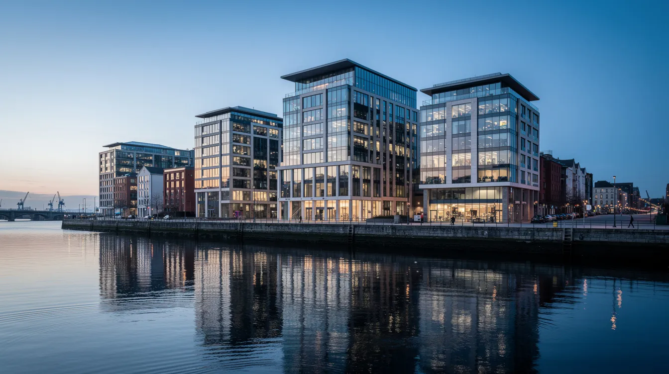 The image depicts modern glass office buildings along the Dublin docklands waterfront, their reflective surfaces shimmering in the river. This scene highlights the vibrant property market in Ireland, showcasing the economic development and architectural advancements in the Irish economy.