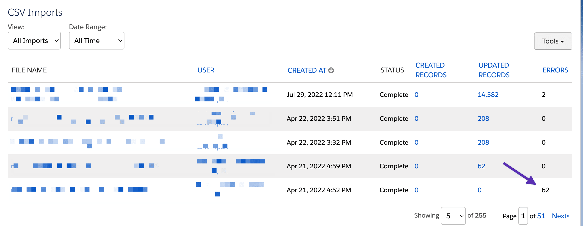 pardot CSV imports log, including errors