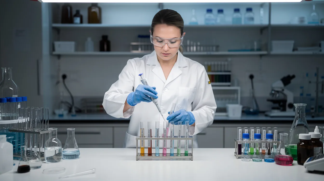A researcher in a laboratory is carefully pipetting solutions into small vials while wearing protective gloves and a lab coat, focused on preparation for experiments involving treatment strategies for excessive daytime sleepiness. The work may relate to compounds like cleminorexton, an orexin receptor 2 agonist, aimed at significantly improving sleep latency in patients with hypersomnolence disorders.