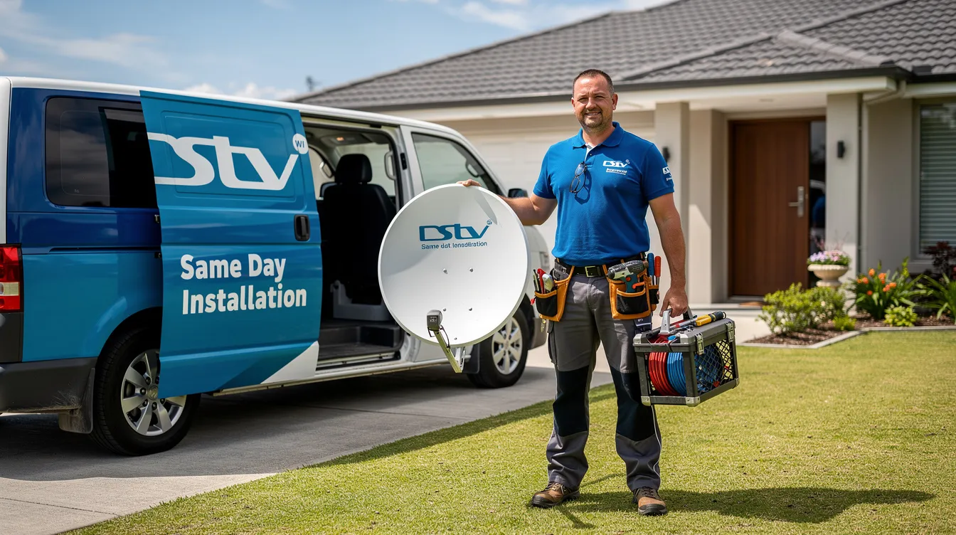 A same-day DSTV installer arrives at a home, equipped with a satellite dish and various tools for installation. This professional technician is ready to provide quality DSTV installation services, ensuring clients receive optimal signal and setup for their entertainment needs.