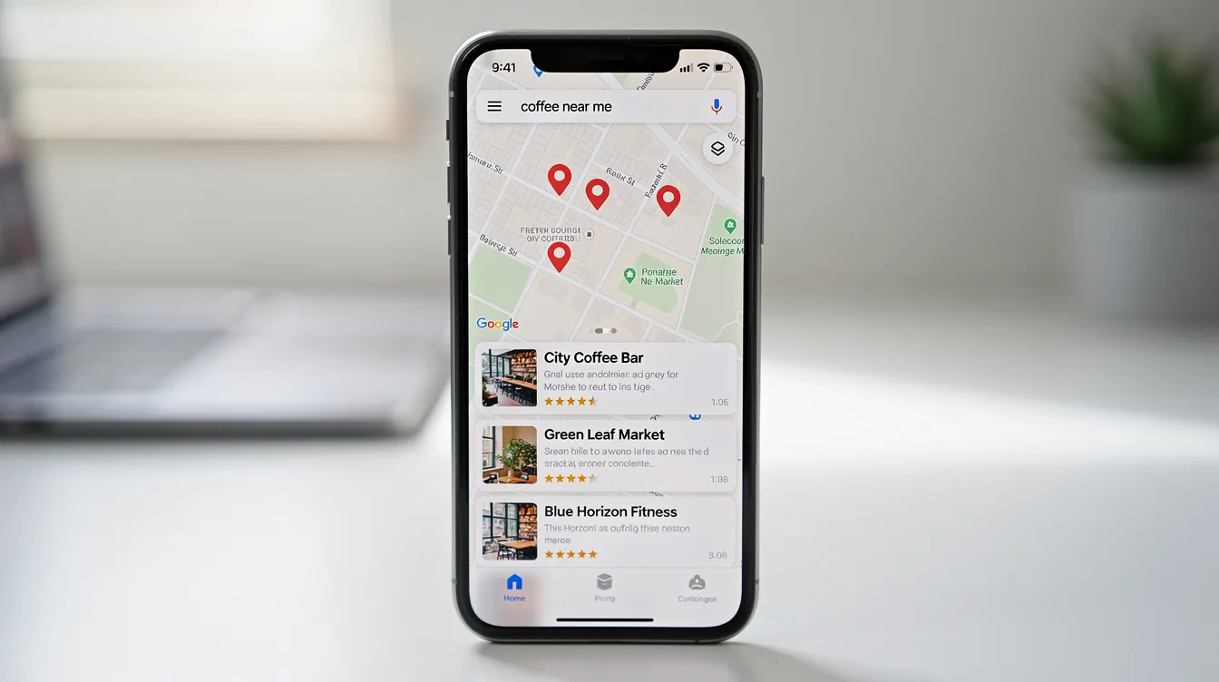 The image displays a smartphone screen showcasing Google Maps search results, prominently featuring local business listings for plumbing services. This visual highlights how effective lead generation strategies can help plumbing companies connect with potential customers in their service area.