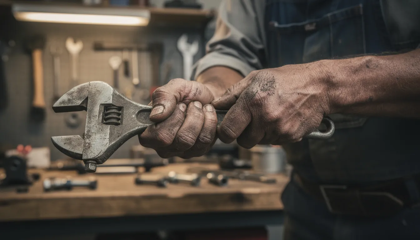 The image shows a close-up of a man's rough, calloused hands gripping a wrench in a workshop, highlighting the hard work and craftsmanship involved in his tasks. The hands appear dry and cracked, illustrating the need for a natural hand salve that can soothe and moisturize with ingredients like shea butter and essential oils.