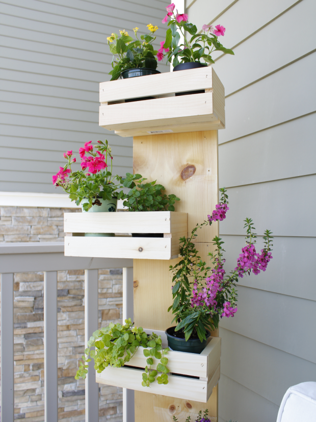 Tiered wooden crates with built-in planter boxes