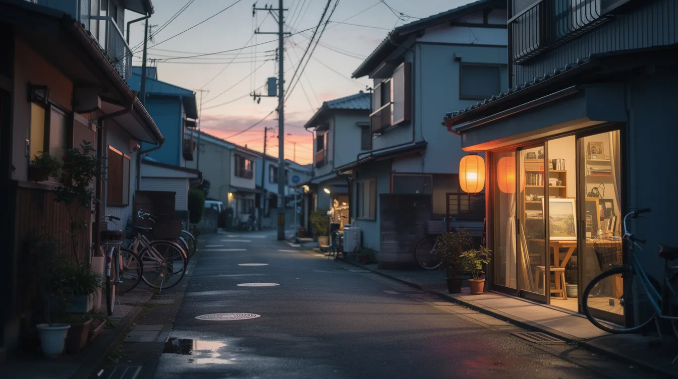 The image depicts a tranquil Japanese residential street at dusk, illuminated by the warm, inviting glow from a studio window, creating a serene atmosphere reminiscent of scenes often found in iconic manga series like Dragon Ball. This peaceful setting reflects the charm of everyday life in Japan, where creativity and inspiration thrive, echoing the artistic legacy of Japanese manga artists like Akira Toriyama.