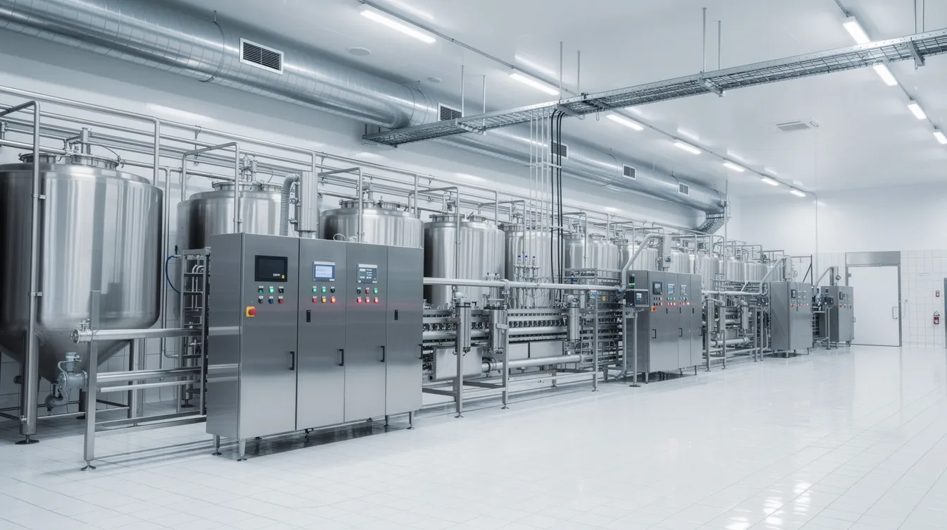 The image depicts a modern dairy processing facility featuring sleek stainless steel equipment and pristine white-tiled walls, indicative of a state-of-the-art cheese manufacturing plant. This environment showcases the advanced manufacturing process involved in producing various types of processed cheese, reflecting industry trends and the competitive landscape of the global cheese market.