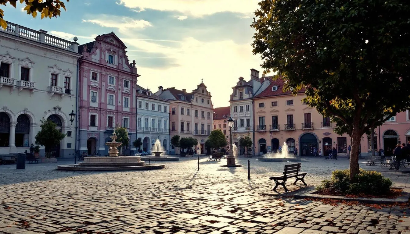 The image showcases a picturesque historic city square, featuring vibrant buildings and charming cobblestone streets, ideal for outdoor team building activities and fostering team bonding in a delightful setting. This scenic backdrop offers an inviting atmosphere for corporate team building events and creating unforgettable memories.