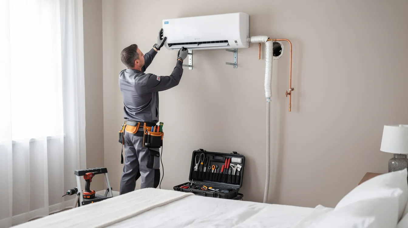 A professional technician is skillfully installing an indoor split air conditioner unit on a bedroom wall, with tools and copper piping clearly visible, showcasing a reliable and energy-efficient solution for residential cooling needs. The scene highlights the technician's expertise in ensuring comfortable indoor temperatures with popular brands like Samsung and LG.