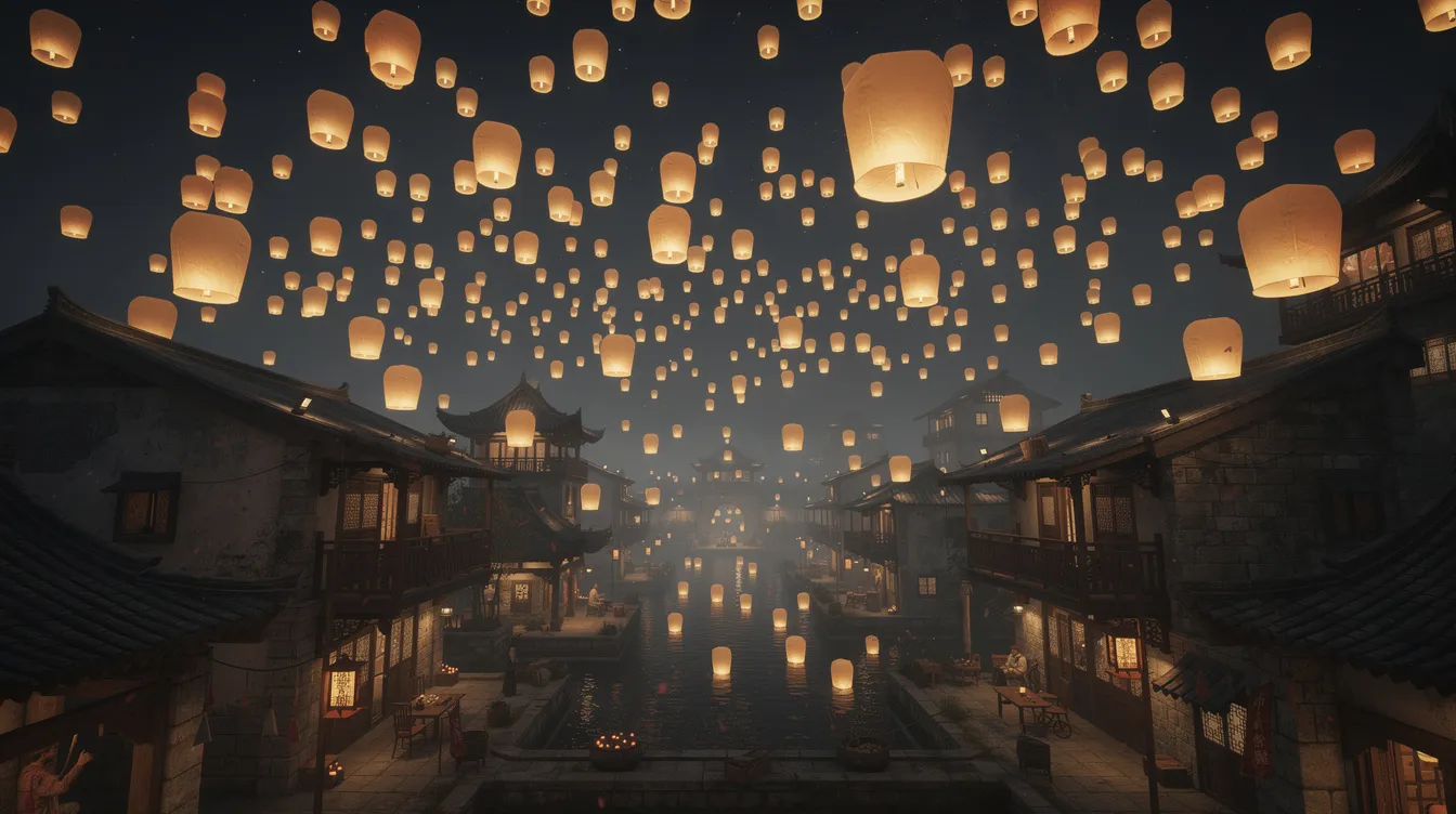 Cem lanternas de papel iluminadas flutuam no céu escuro da noite acima de uma antiga cidade da Tailândia, criando uma cena mágica e serena. Ao fundo, destacam-se os contornos dos templos, como o Wat Phra Singh, que remetem à rica história e cultura do Sudeste Asiático.