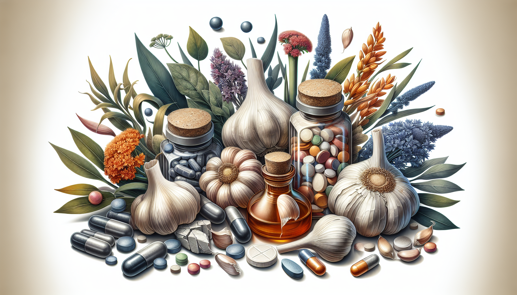 An illustration of top supplements for lowering blood pressure, including garlic and magnesium.