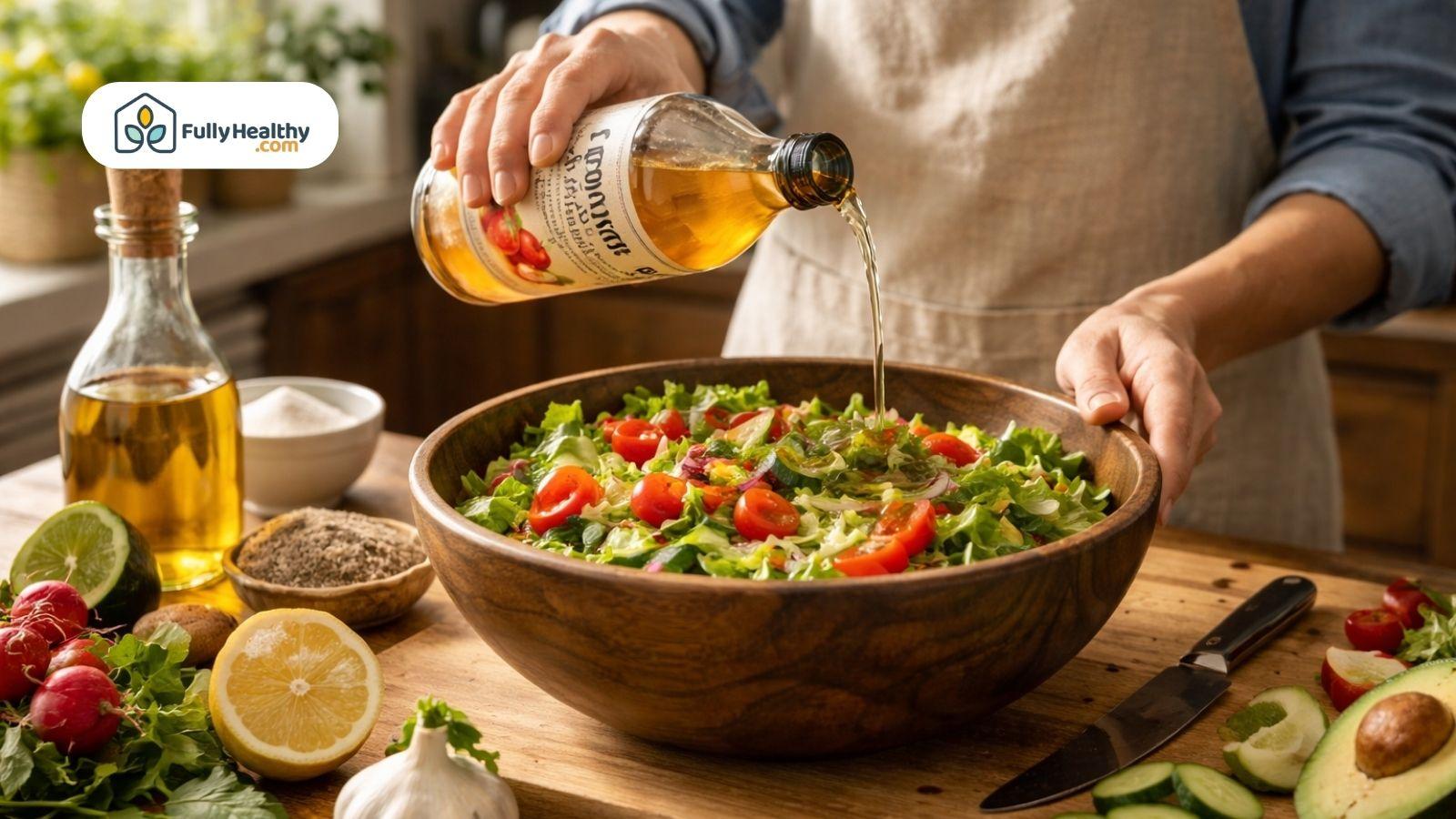 Pouring apple cider vinegar into fresh salad with vegetables on table