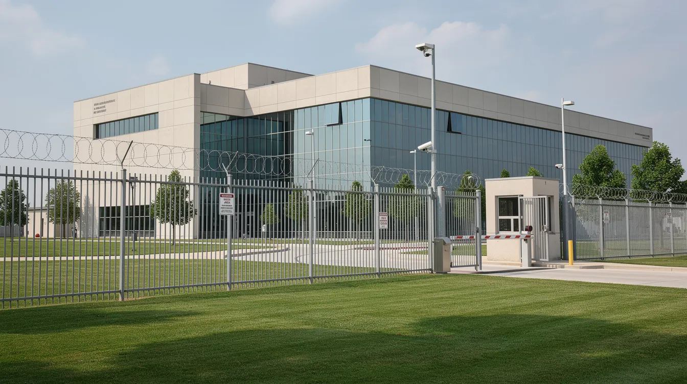 The image depicts the exterior of a secure government facility, surrounded by tall fencing and well-maintained green grounds, which is likely involved in immigration enforcement activities. This facility may be used for the detention of foreign national offenders or to support the UK's immigration processes.