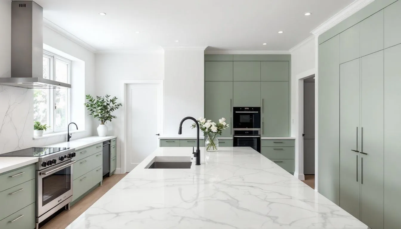 In the image, a kitchen island features elegant white marble countertops, beautifully contrasting with sage green cabinets painted in Sherwin Williams Clary Sage. The overall color palette creates a warm and inviting atmosphere, perfect for a cozy kitchen renovation.