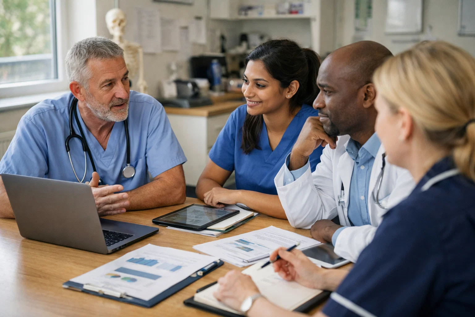 Healthcare team discussing digital marketing campaign performance in clinic office