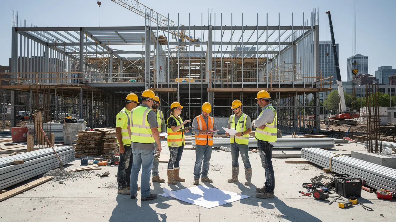 The image depicts construction workers wearing hard hats and safety vests on a commercial building site, with steel framing in the background, illustrating the active environment of the construction industry. These skilled workers are essential to advancing various infrastructure projects, addressing the current labor shortages and contributing to the future of construction careers.