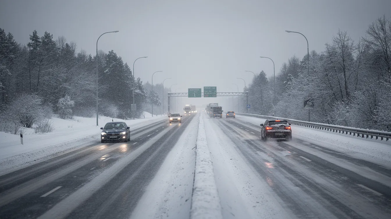 The image depicts a snowy highway with light traffic, showcasing a serene winter landscape in South Dakota. This scene highlights the importance of reliable auto transport services during winter conditions, especially for those considering car shipping in the Mount Rushmore State.
