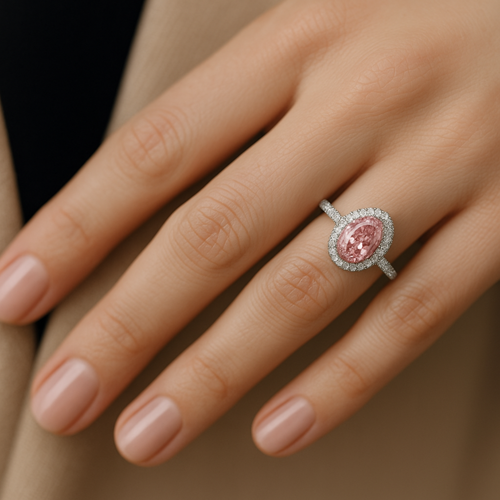 rožinis kriaušės formos deimantas Halo dizaino žiede