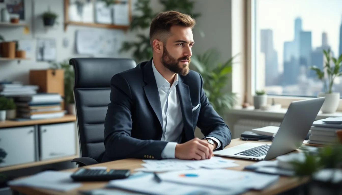 The image depicts a person analyzing their financial situation