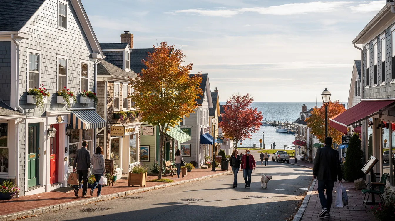 The image depicts a vibrant scene of people strolling along a picturesque street in a historic New England coastal town, lined with charming shops and offering stunning views of the Long Island Sound. The atmosphere captures the essence of waterfront living, inviting residents and visitors to explore the natural beauty and lifestyle of the Connecticut shoreline.
