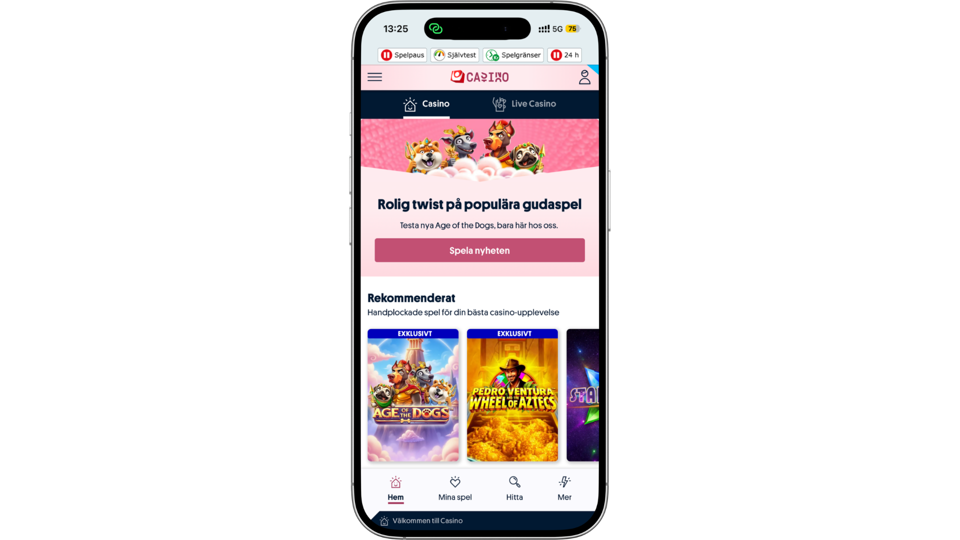 Mobilvy av Svenska Spel Casino där spelare kan spela slots och live casino online med trygg inloggning och snabba insättningar via Swish
