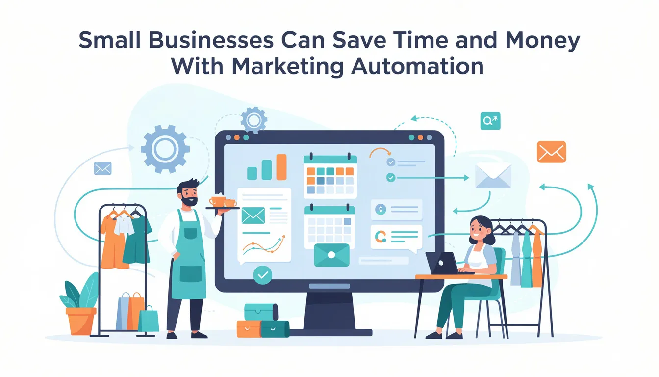 The image illustrates small business owners utilizing marketing automation tools to streamline repetitive marketing tasks and enhance customer engagement. It showcases a digital marketing hub with various marketing automation software features, emphasizing the benefits of implementing these tools for effective marketing campaigns and time-saving strategies.