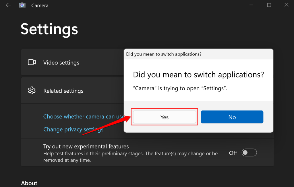 Windows Camera settings page