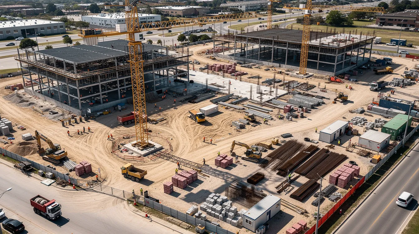 The image shows an aerial view of a large commercial construction site bustling with activity, featuring multiple cranes and designated work areas where construction teams are engaged in various tasks. This scene highlights the integration of AI technologies in the construction industry, emphasizing the importance of project management and operational efficiency in modern construction projects.