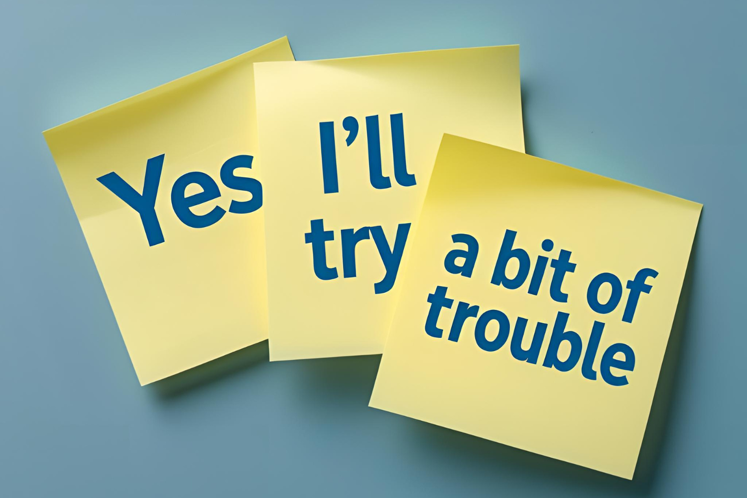 Sticky notes with polite phrases like “yes,” “I’ll try,” and “a bit of trouble.”