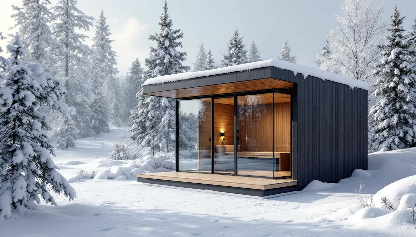 A cozy outdoor sauna designed for cold climates, showcasing its insulation features.