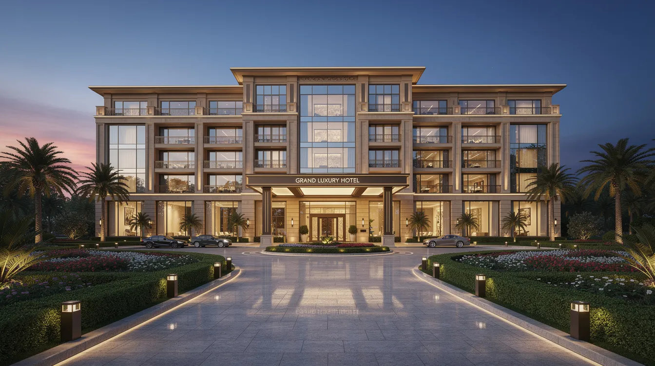 227571bf 8782 4c3e a534 22f64a5243e8 The image depicts a grand luxury hotel exterior, featuring a beautifully landscaped driveway illuminated by warm lighting at dusk, creating an inviting atmosphere for guests. This luxurious setting highlights the hotel's performance in the hospitality industry, emphasizing the importance of ambiance in attracting business travelers and enhancing overall occupancy rates.