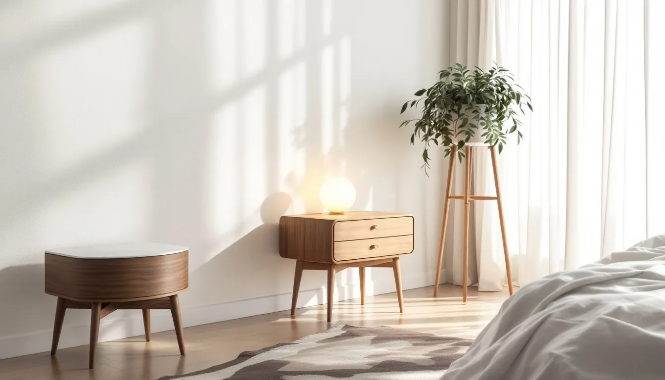 Various styles of bedside tables displayed in a chic bedroom setting.